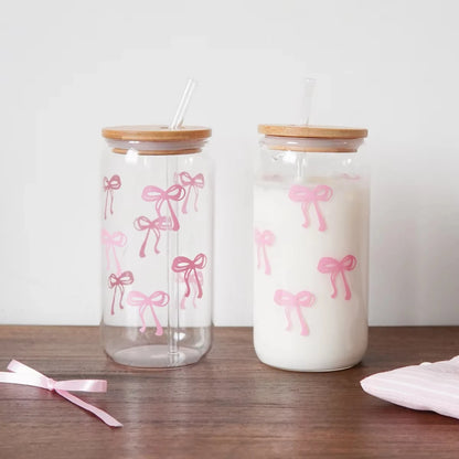 1/2pcs Glass Bow Printed Glass Cup With Bamboo And Wood Lid Family Daily Drinking Cups For Outdoor Picnic Breakfast Milk Bottle