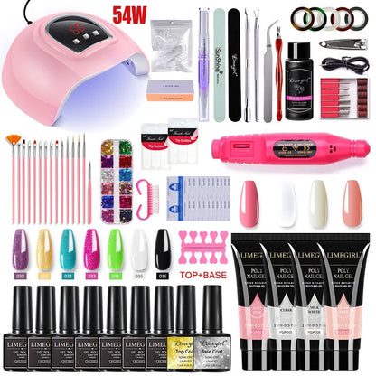 Nail Extension Kit Acrylic Gel Polish Nail Polish with UV LED Nail Lamp Manicure Kit and Base Coat Top Coat for Salon and Home
