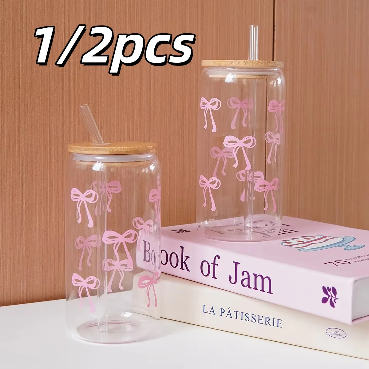 1/2pcs Glass Bow Printed Glass Cup With Bamboo And Wood Lid Family Daily Drinking Cups For Outdoor Picnic Breakfast Milk Bottle