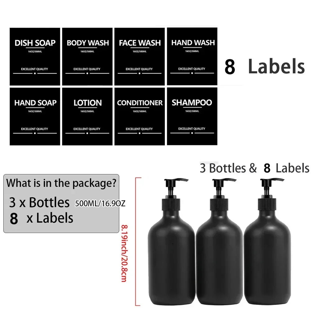 Matte Black Soap Shampoo Dispenser Shower Gel Conditioner Liquid Container Bathroom Lotion Bottle with 6/8/12 Labels 2/3PCS/Set