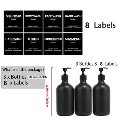 Matte Black Soap Shampoo Dispenser Shower Gel Conditioner Liquid Container Bathroom Lotion Bottle with 6/8/12 Labels 2/3PCS/Set