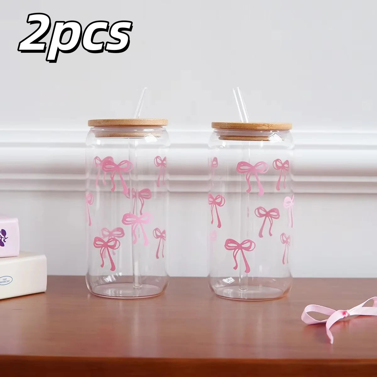 1/2pcs Glass Bow Printed Glass Cup With Bamboo And Wood Lid Family Daily Drinking Cups For Outdoor Picnic Breakfast Milk Bottle