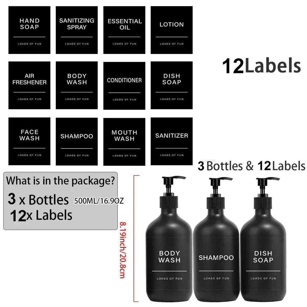 Matte Black Soap Shampoo Dispenser Shower Gel Conditioner Liquid Container Bathroom Lotion Bottle with 6/8/12 Labels 2/3PCS/Set