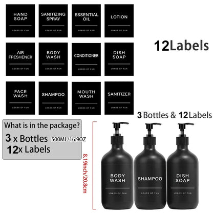 Matte Black Soap Shampoo Dispenser Shower Gel Conditioner Liquid Container Bathroom Lotion Bottle with 6/8/12 Labels 2/3PCS/Set