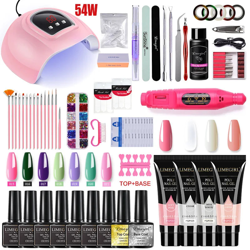 Nail Extension Kit Acrylic Gel Polish Nail Polish with UV LED Nail Lamp Manicure Kit and Base Coat Top Coat for Salon and Home