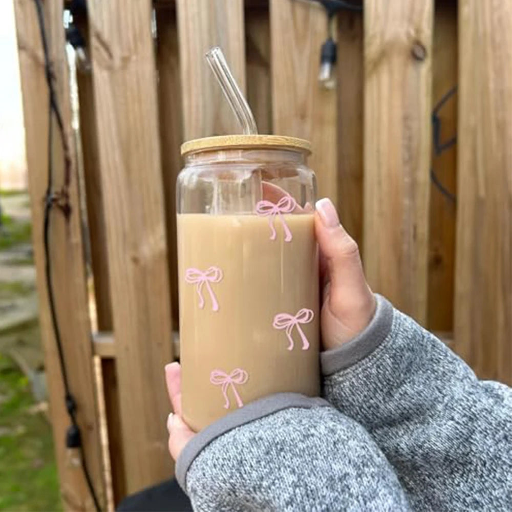 1/2pcs Glass Bow Printed Glass Cup With Bamboo And Wood Lid Family Daily Drinking Cups For Outdoor Picnic Breakfast Milk Bottle