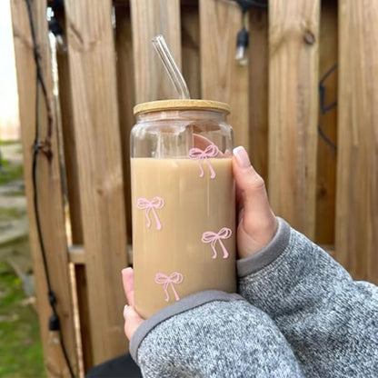 1/2pcs Glass Bow Printed Glass Cup With Bamboo And Wood Lid Family Daily Drinking Cups For Outdoor Picnic Breakfast Milk Bottle