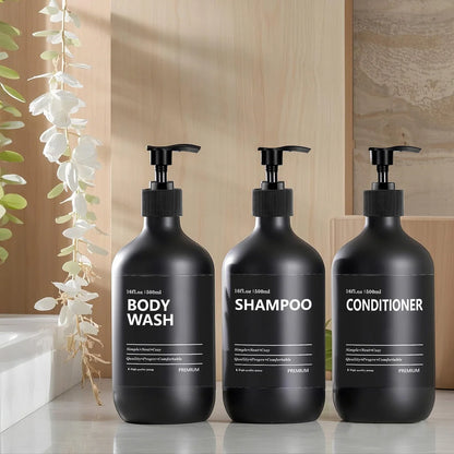 Matte Black Soap Shampoo Dispenser Shower Gel Conditioner Liquid Container Bathroom Lotion Bottle with 6/8/12 Labels 2/3PCS/Set
