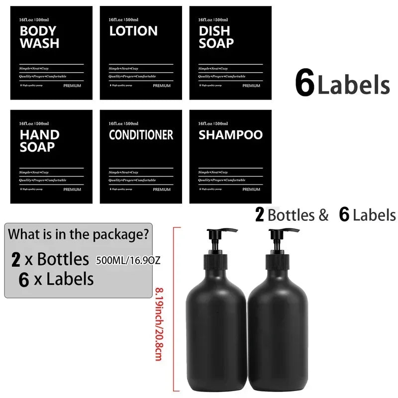 Matte Black Soap Shampoo Dispenser Shower Gel Conditioner Liquid Container Bathroom Lotion Bottle with 6/8/12 Labels 2/3PCS/Set