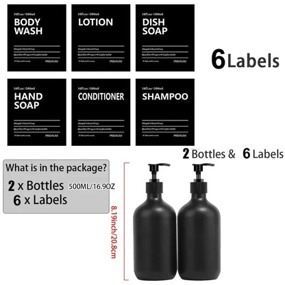 Matte Black Soap Shampoo Dispenser Shower Gel Conditioner Liquid Container Bathroom Lotion Bottle with 6/8/12 Labels 2/3PCS/Set