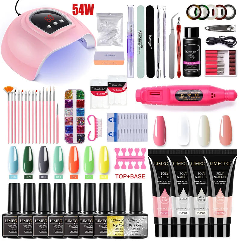 Nail Extension Kit Acrylic Gel Polish Nail Polish with UV LED Nail Lamp Manicure Kit and Base Coat Top Coat for Salon and Home