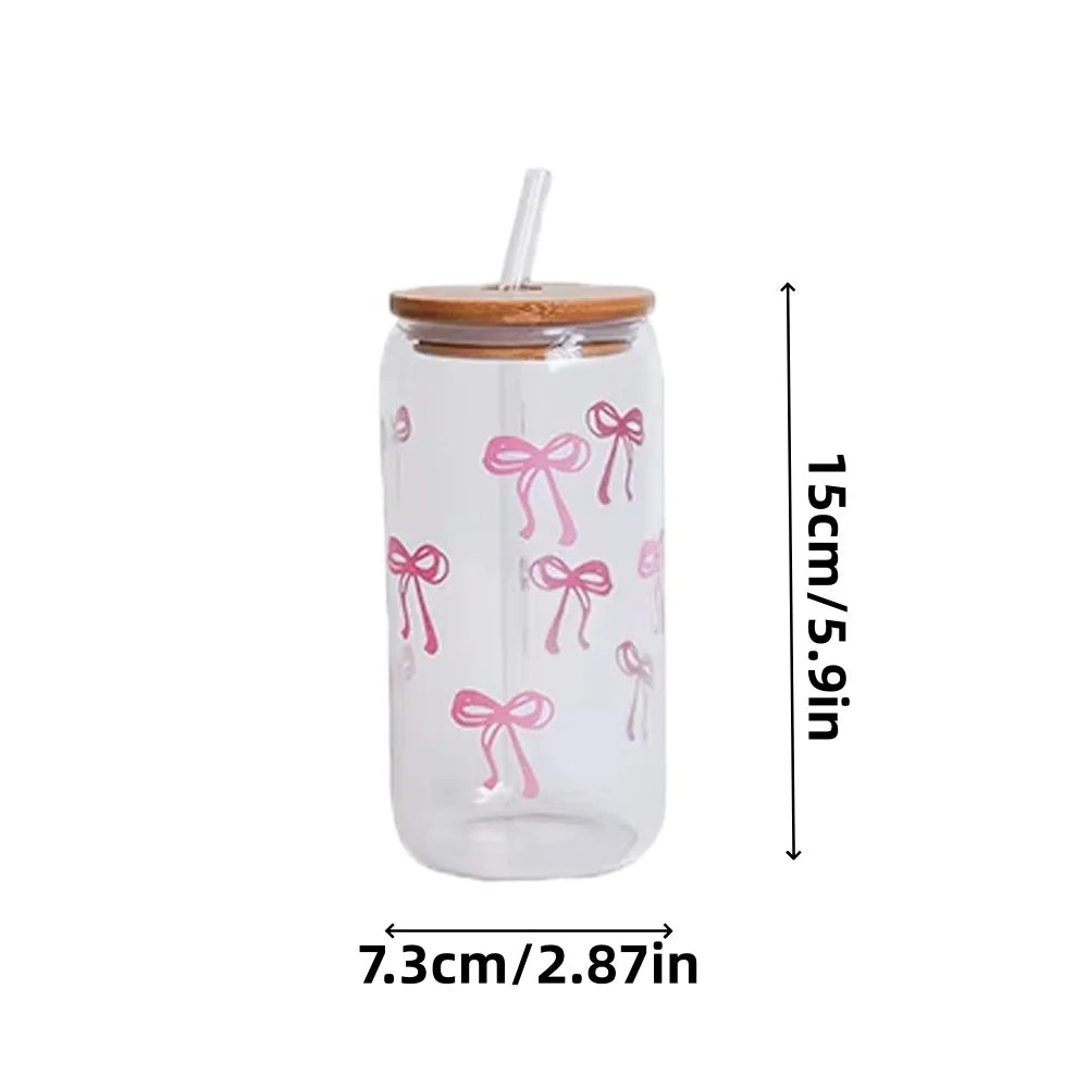 1/2pcs Glass Bow Printed Glass Cup With Bamboo And Wood Lid Family Daily Drinking Cups For Outdoor Picnic Breakfast Milk Bottle