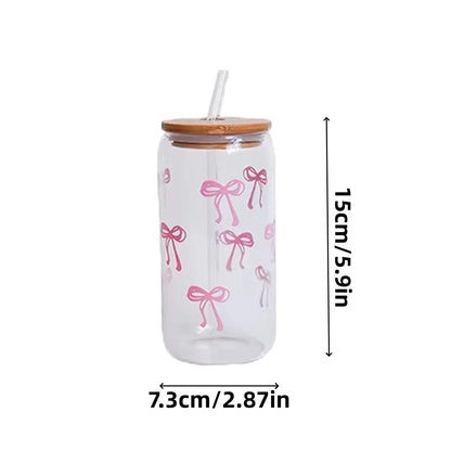 1/2pcs Glass Bow Printed Glass Cup With Bamboo And Wood Lid Family Daily Drinking Cups For Outdoor Picnic Breakfast Milk Bottle