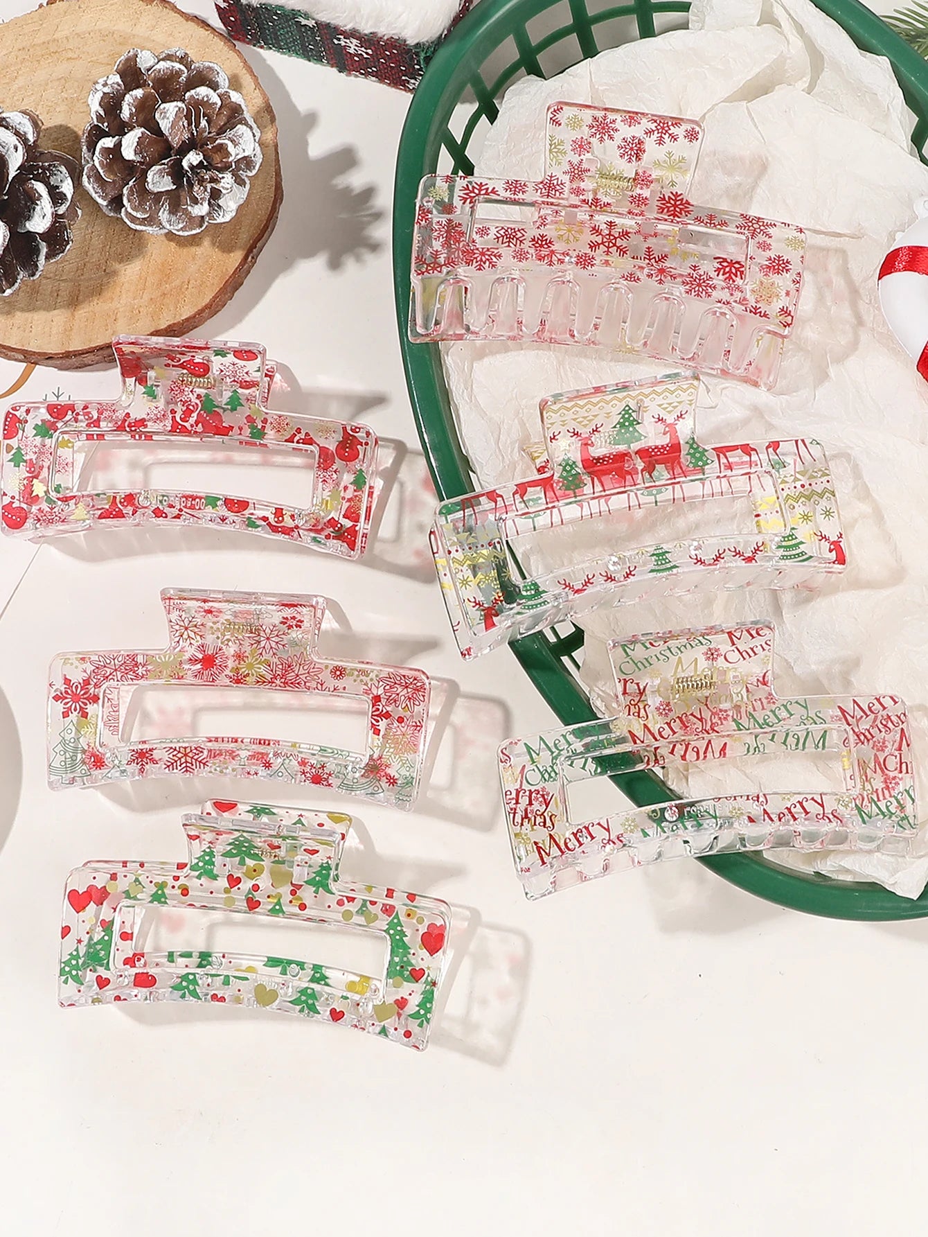 6Pcs Christmas Hair Clips Claw Snowflake Snowman Candy Design Hair Accessories White Transparent Cartoon Hair Clips for Women