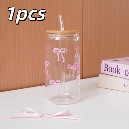1/2pcs Glass Bow Printed Glass Cup With Bamboo And Wood Lid Family Daily Drinking Cups For Outdoor Picnic Breakfast Milk Bottle