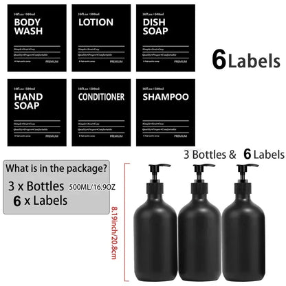 Matte Black Soap Shampoo Dispenser Shower Gel Conditioner Liquid Container Bathroom Lotion Bottle with 6/8/12 Labels 2/3PCS/Set